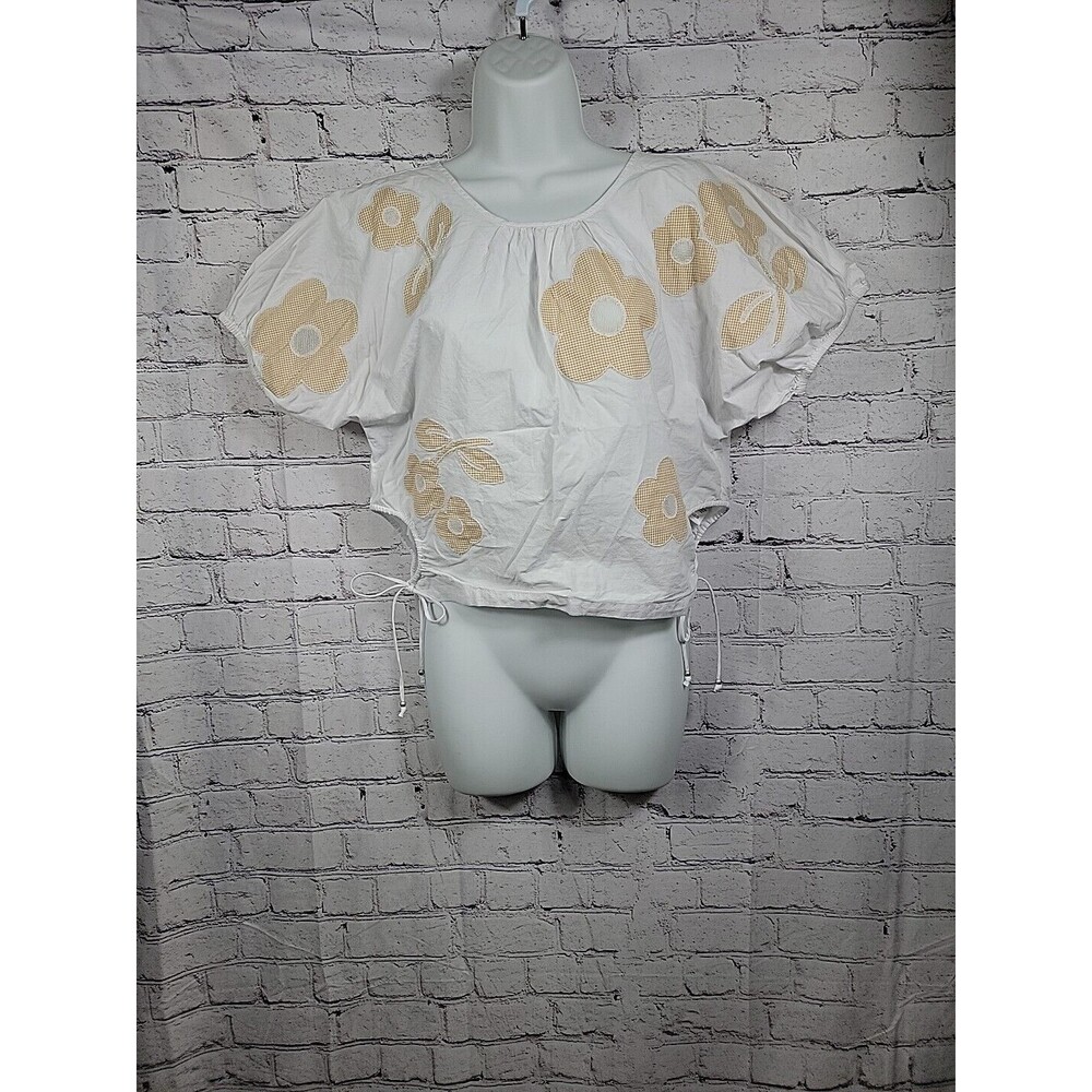 Madewell White Embroidered Poplin Puff-Sleeve Cutout Crop Top NL011 Medium
